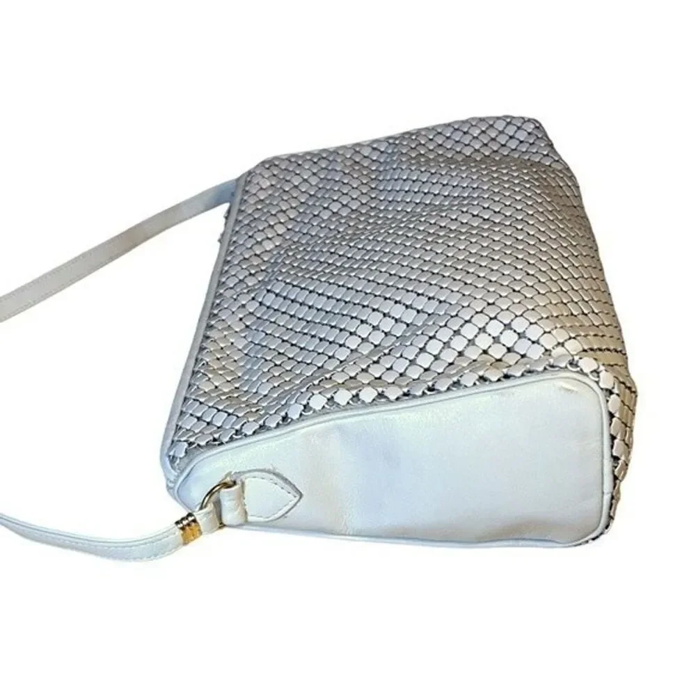 Whiting & Davis Vintage Cream Metal Mesh & Leather Handbag Purse Evening Bag